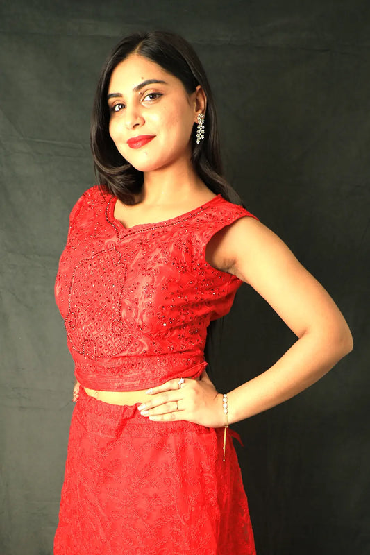 Cherry Red Embroidered Net Lehenga Set
