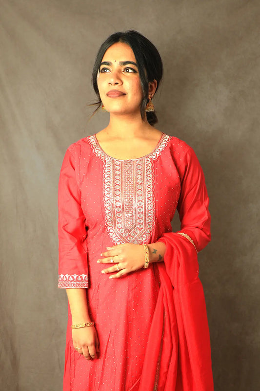 Ruby Pink Anarkali With Embellished Dupatta