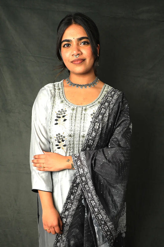 Black & Grey Oxidized Straight Kurta Set