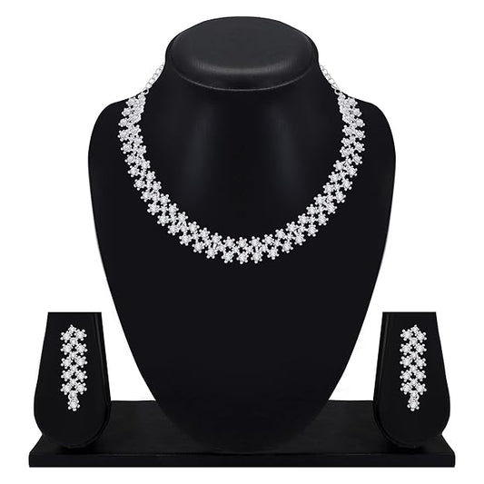 AD Diamond Necklace with Earrings - Jewellery Set Suits for Party, Wedding and Festive Occasions