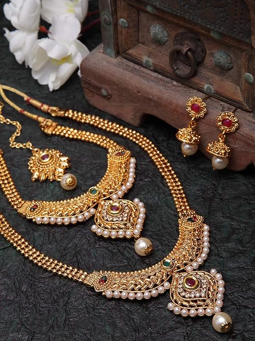 18k Gold Plated Long Short Necklace Combo Stylish Traditional Pearl Jewellery Set