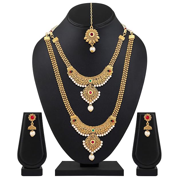 18k Gold Plated Long Short Necklace Combo Stylish Traditional Pearl Jewellery Set