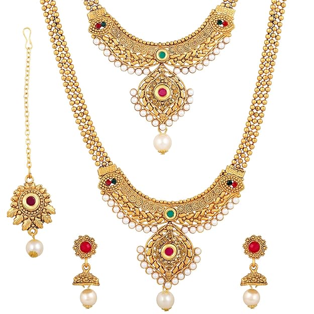 18k Gold Plated Long Short Necklace Combo Stylish Traditional Pearl Jewellery Set