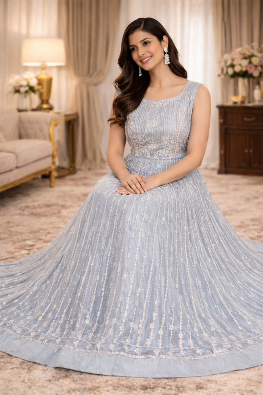 LIGHT BLUE SILVER EMBROIDERED CHOLI