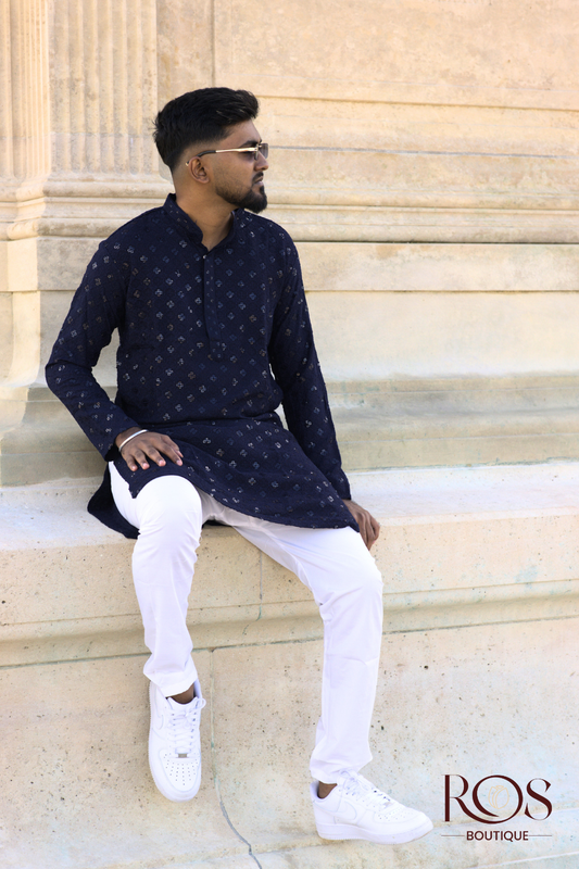 Navy Blue Sequence Chikankari Kurta Set