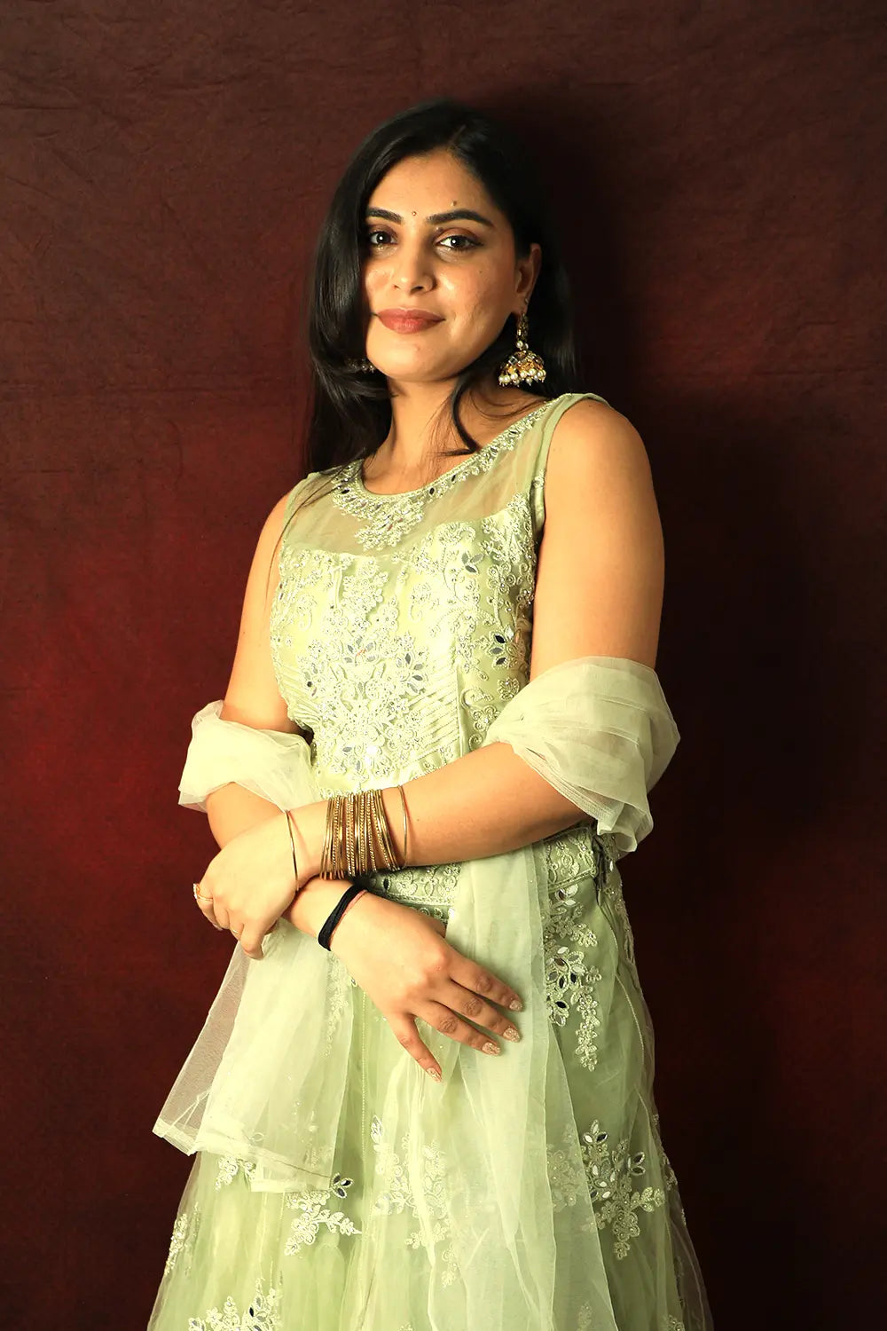 Pista Green Thread Embroidered Net Lehenga Set