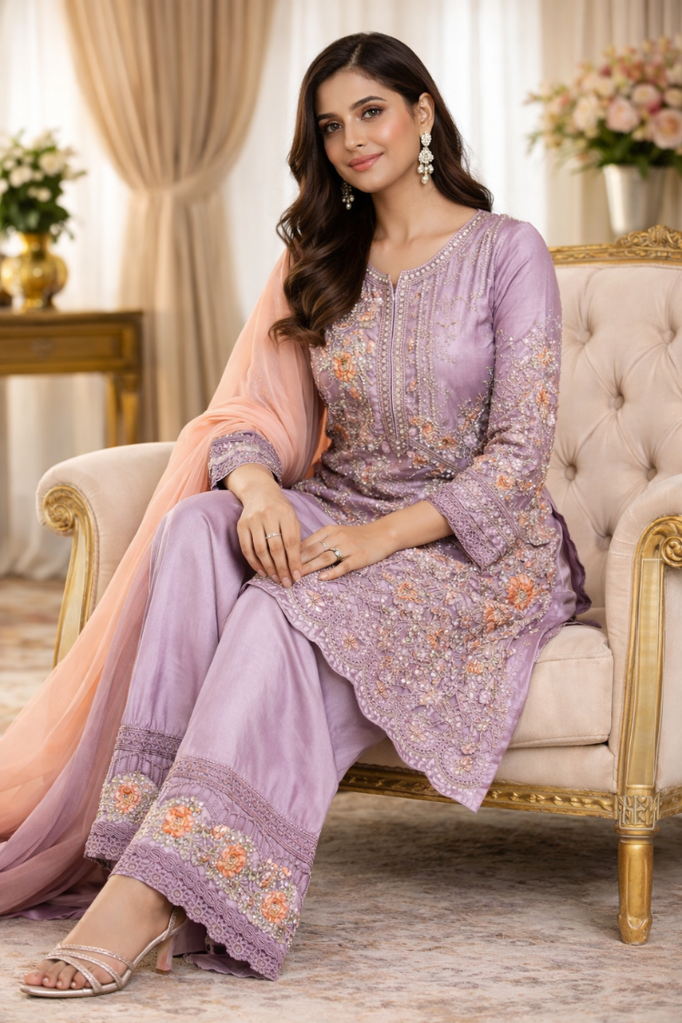 LAVENDER EMBROIDERED DESIGNER KURTHA