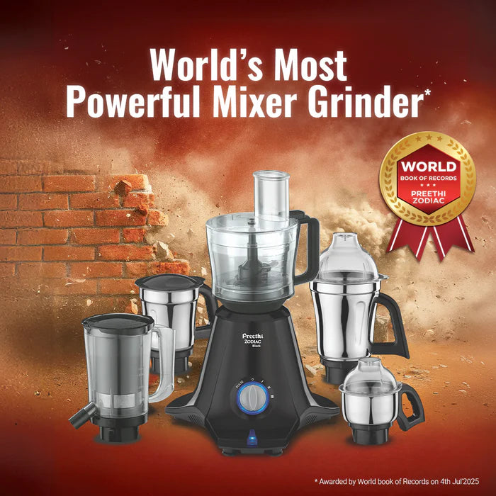 Preethi Zodiac Black Mixer Grinder 750W – Chef Jar + 4 Jars | Lifelong Free Service