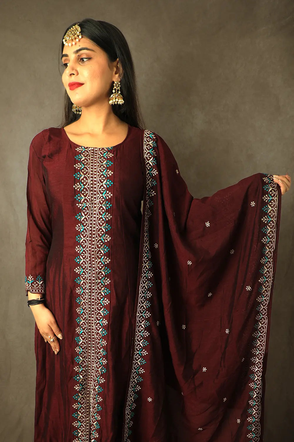 Maroon Embellished Silk Anarkali Kurta With Dupatta
