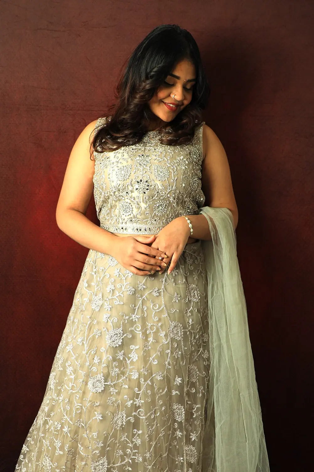 Gold Thread Embroidered Net Lehenga Set