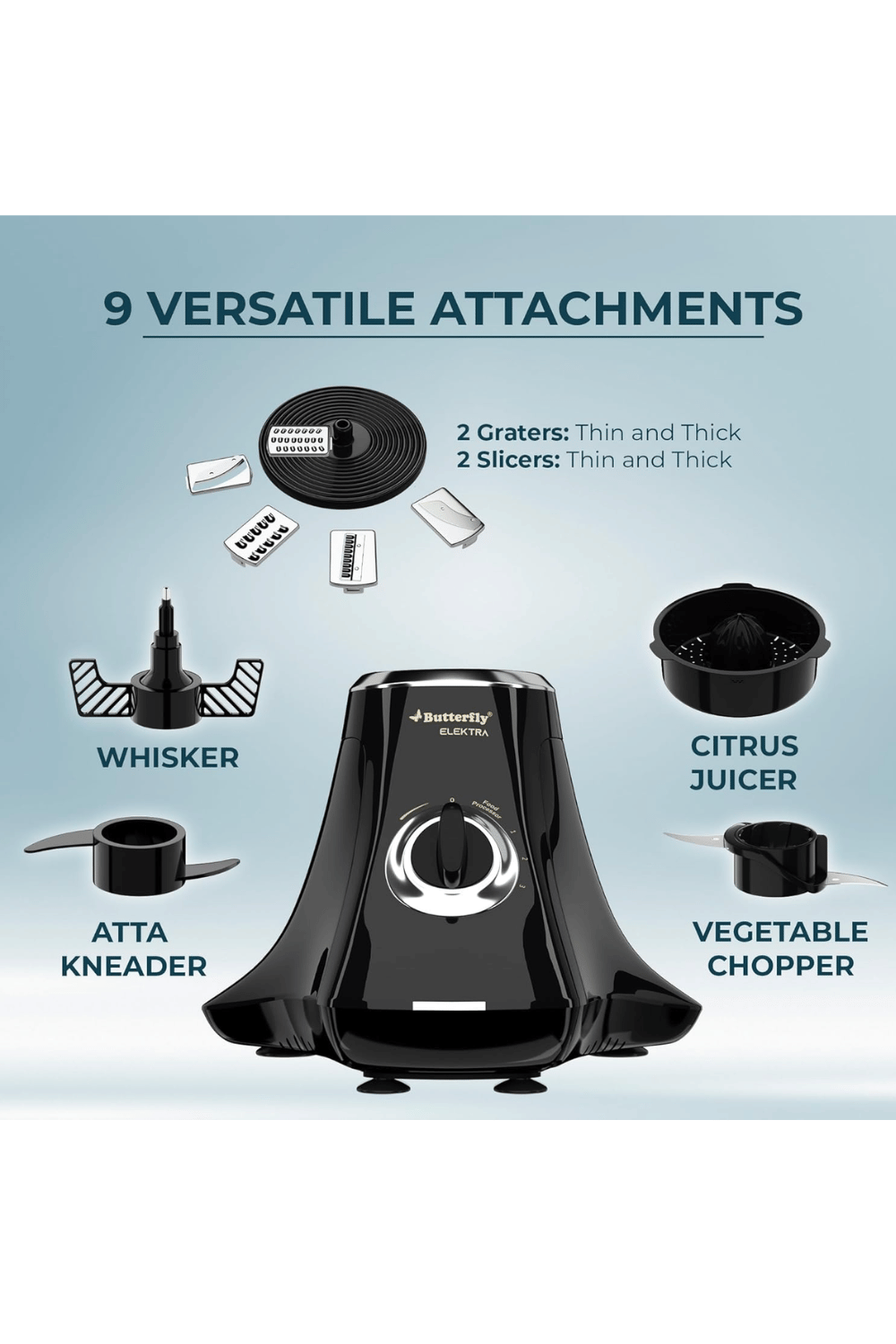 BUTTERFLY ELEKTRA 750 WATTS FOOD PROCESSOR WITH 6 JARS & 9 ATTACHMENTS