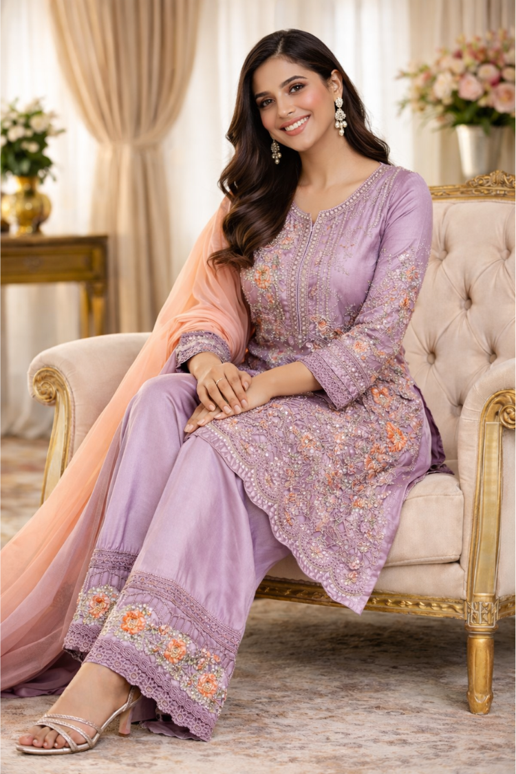 LAVENDER EMBROIDERED DESIGNER KURTHA