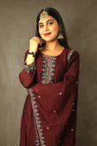 Maroon Embellished Silk Anarkali Kurta With Dupatta