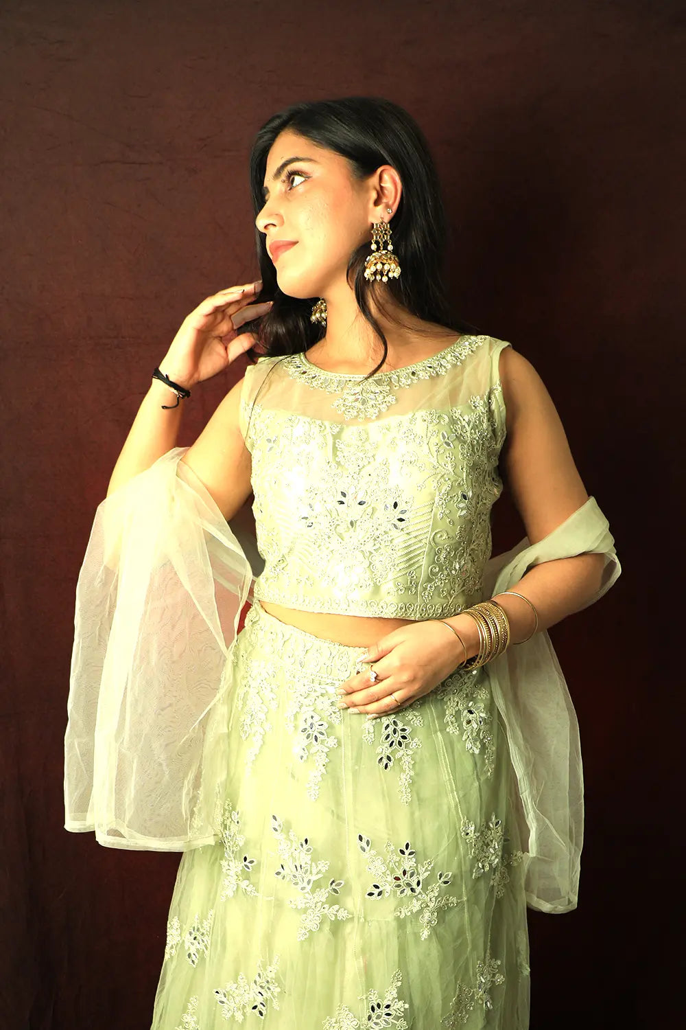 Pista Green Thread Embroidered Net Lehenga Set