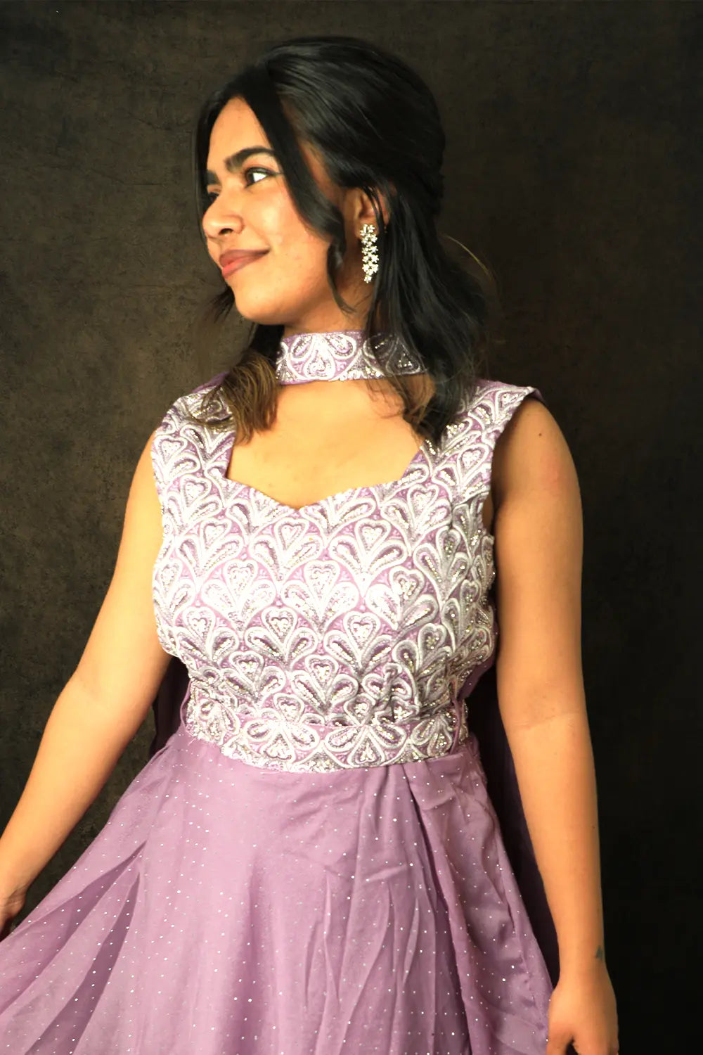 Lavender Embellished Anarkali Gown With Embellished Belt And Dupatta