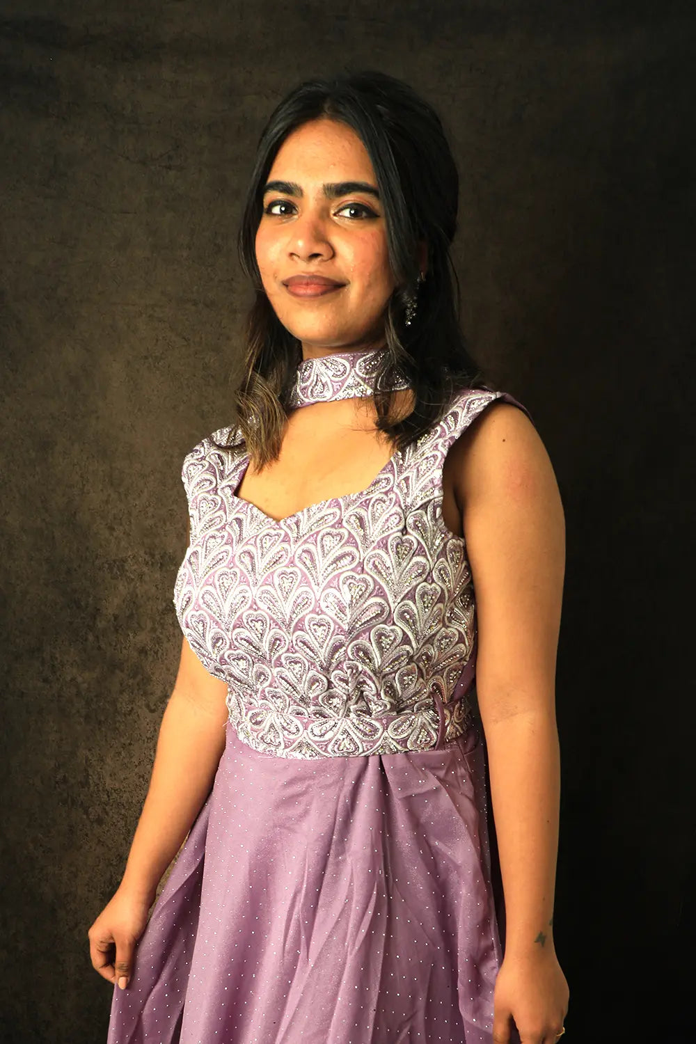 Lavender Embellished Anarkali Gown With Embellished Belt And Dupatta