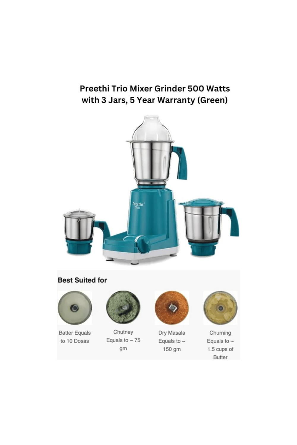 PREETHI TRIO MIXER GRINDER 500 WATT 3 JARS, TRANSPARENT, MEDIUM (TRIO MG 158)