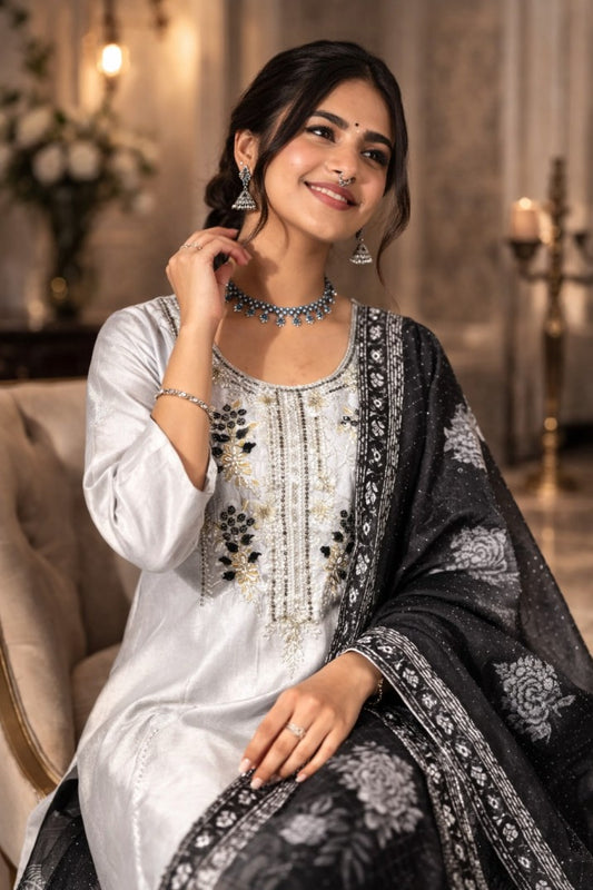 Black & Grey Oxidized Straight Kurta Set