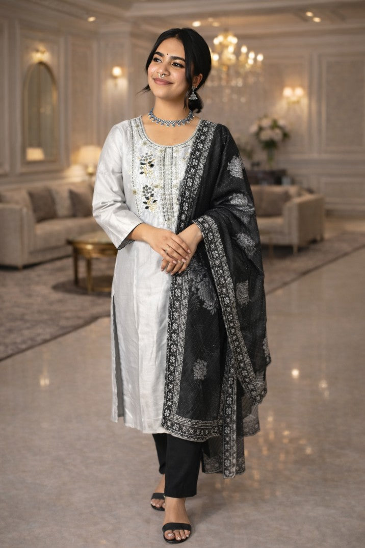 Black & Grey Oxidized Straight Kurta Set