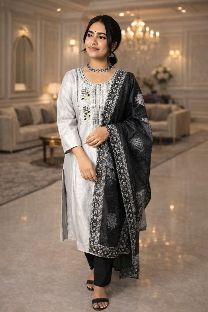 Black & Grey Oxidized Straight Kurta Set
