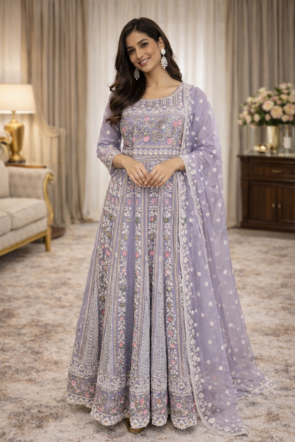 Lavender Pearl Work Anarkali  Suit Set