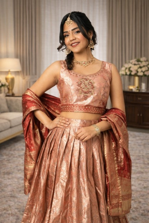 Rose Gold Pattu Lehanga Set with Dupatta