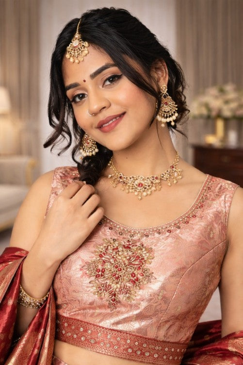 Rose Gold Pattu Lehanga Set with Dupatta