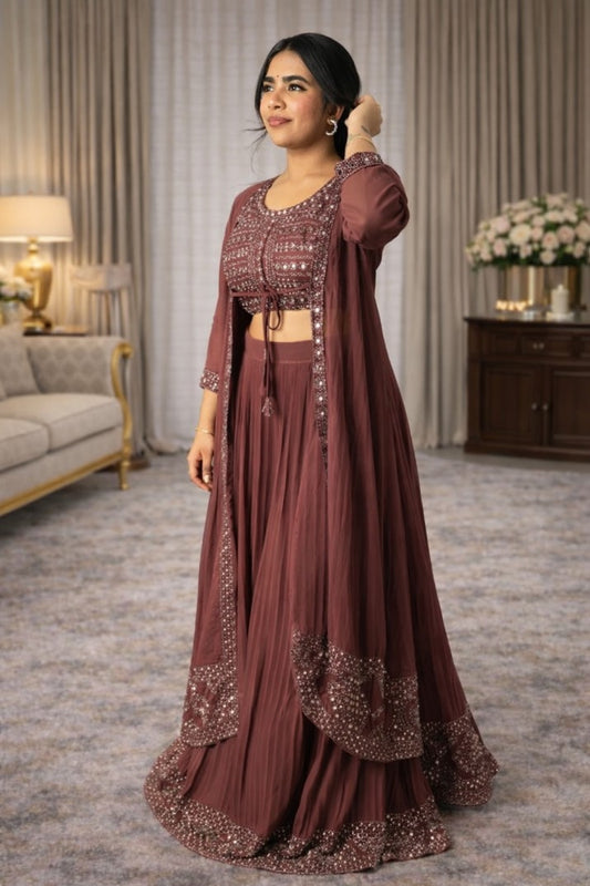 Mirror Work Rusty Rose Lehenga Set With Blouse And Jacket