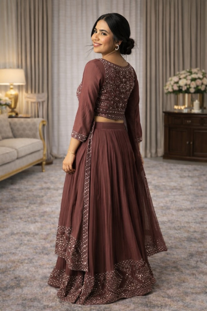 Mirror Work Rusty Rose Lehenga Set With Blouse And Jacket