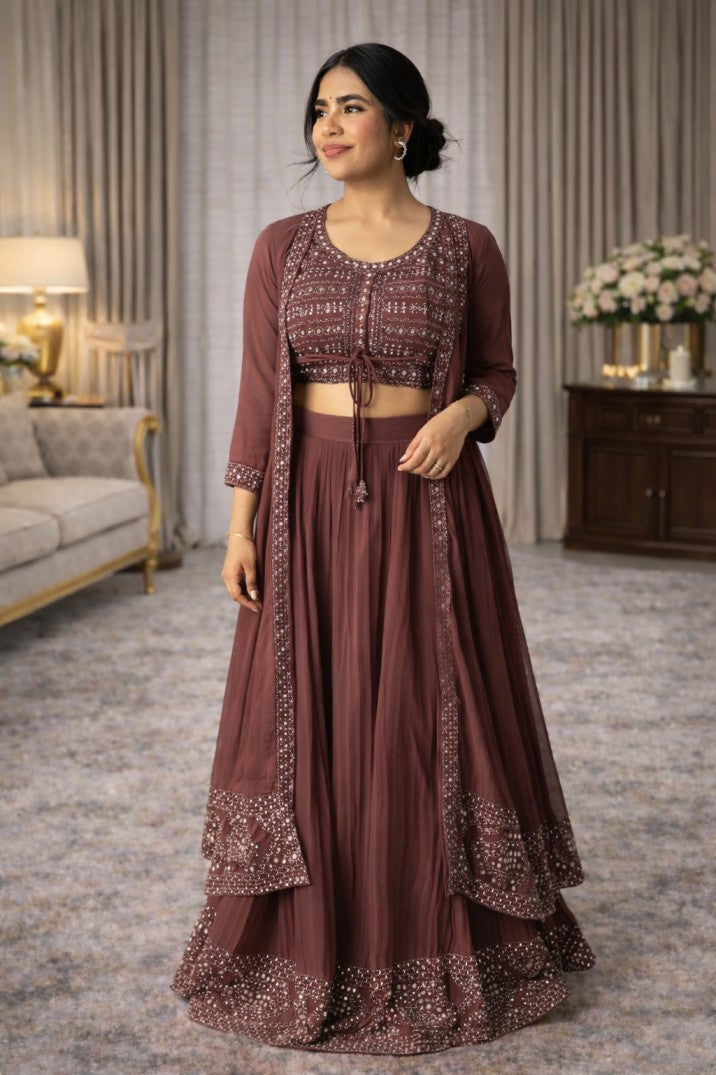 Mirror Work Rusty Rose Lehenga Set With Blouse And Jacket