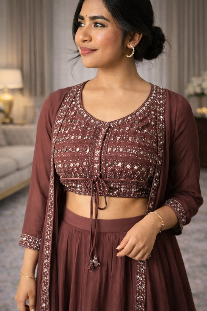 Mirror Work Rusty Rose Lehenga Set With Blouse And Jacket