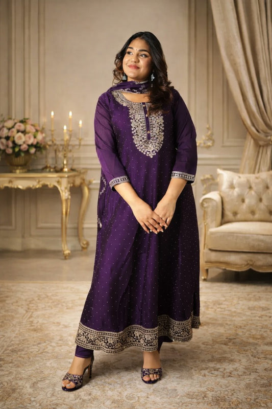 Violet Embroidered Silk Anarkali Set