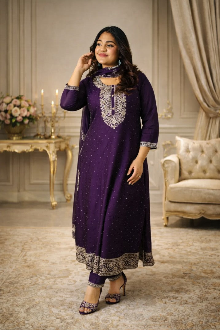 Violet Embroidered Silk Anarkali Set