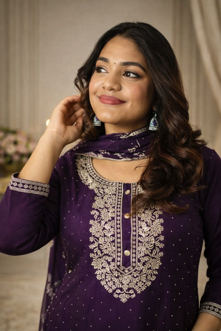 Violet Embroidered Silk Anarkali Set