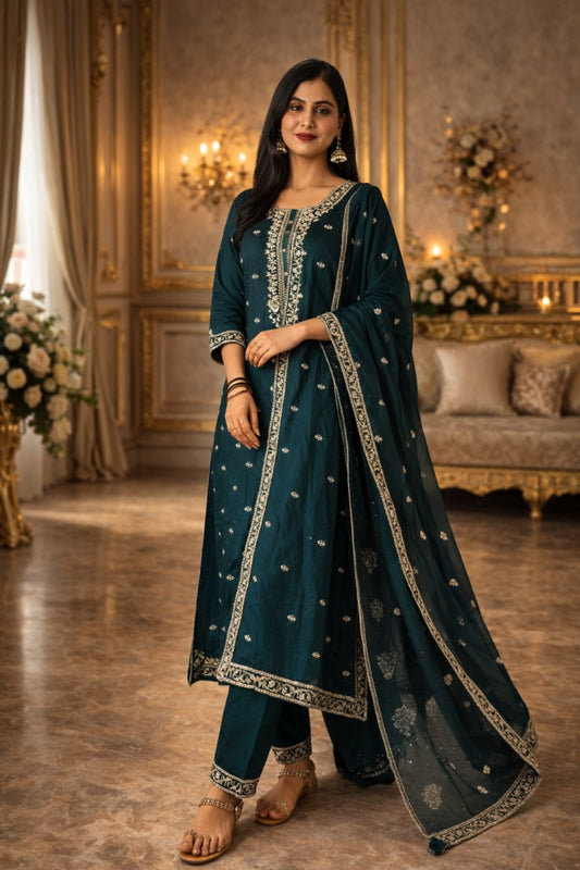 Dark Green Embroidered Georgette Anarkali Set