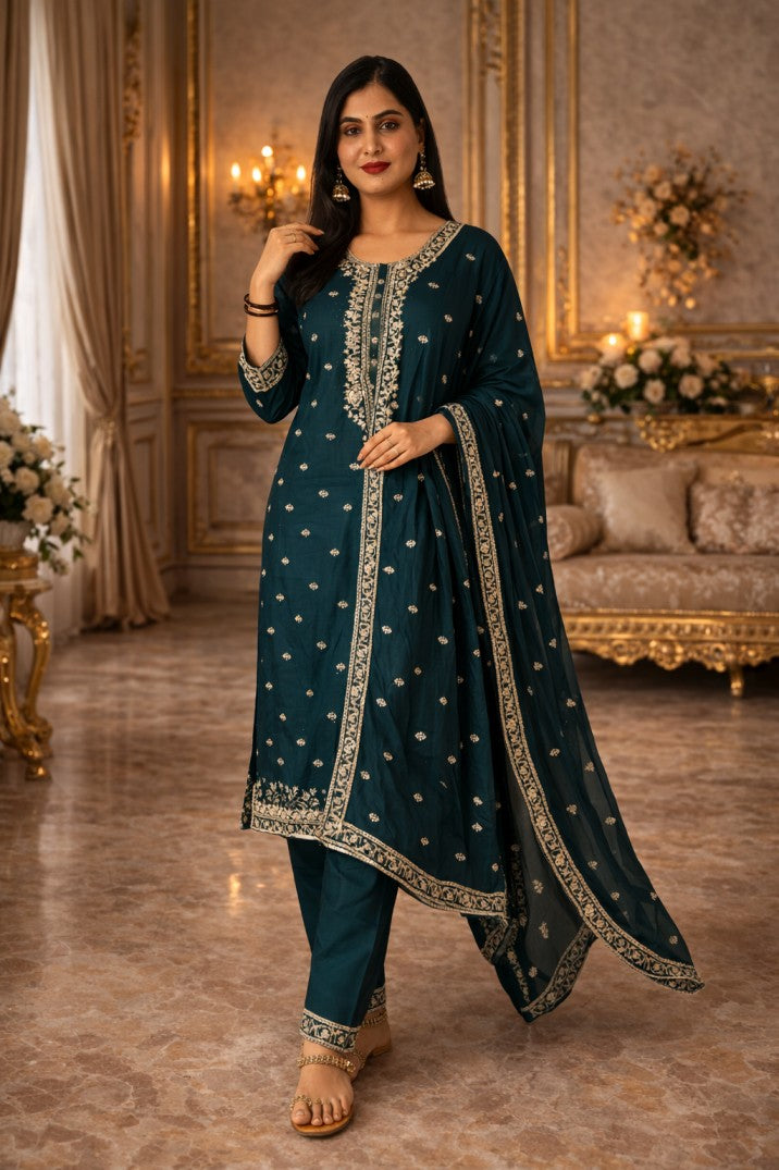 Dark Green Embroidered Georgette Anarkali Set