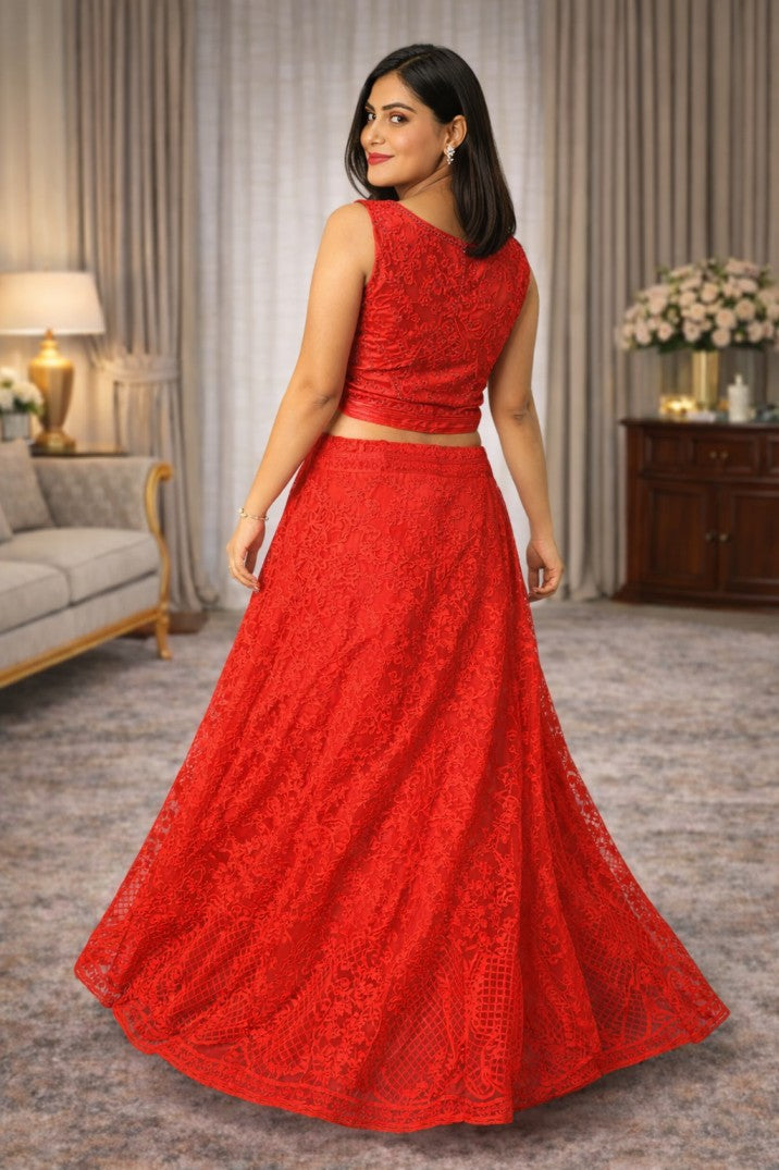 Cherry Red Embroidered Net Lehenga Set