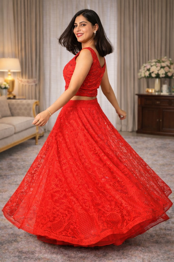 Cherry Red Embroidered Net Lehenga Set