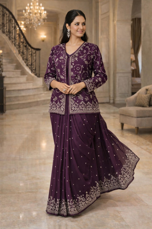 Coat Model Embroidered Full Thread Work Designer Saree – Modern Ethnic Wedding & Party Wear