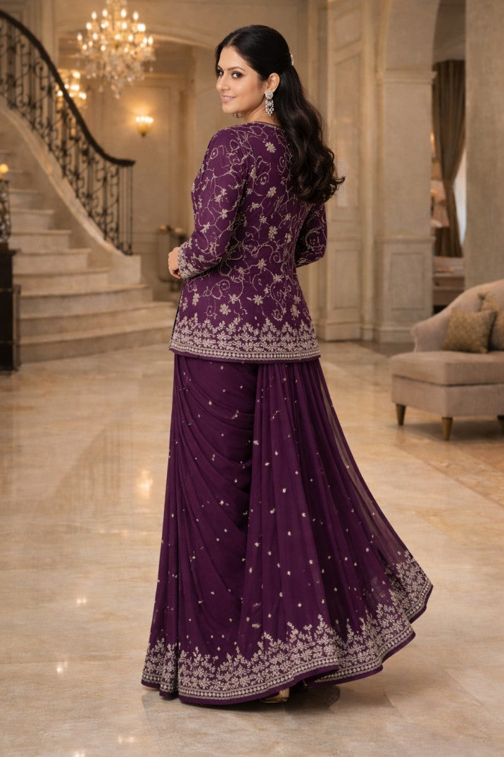 Coat Model Embroidered Full Thread Work Designer Saree – Modern Ethnic Wedding & Party Wear