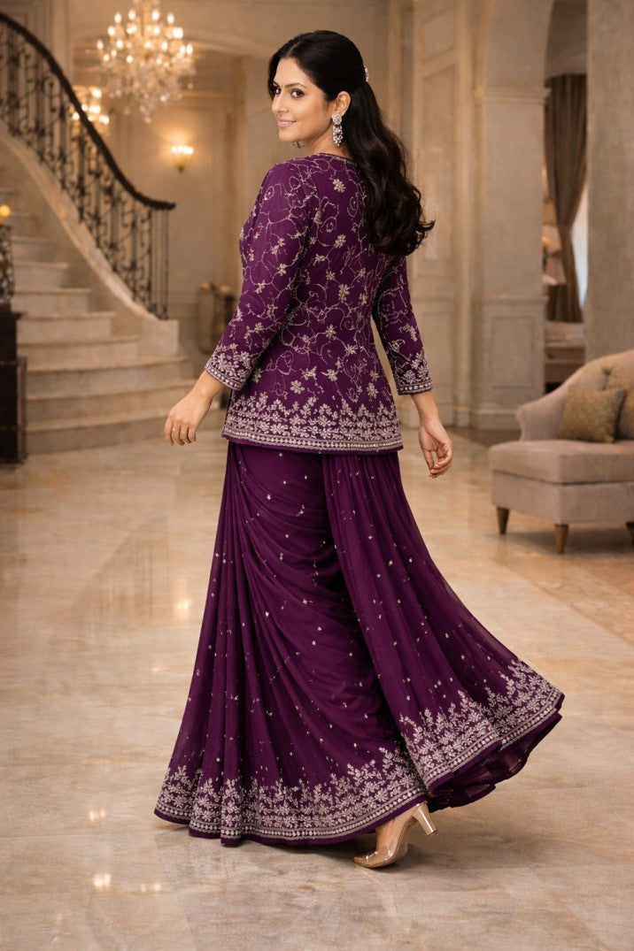 Coat Model Embroidered Full Thread Work Designer Saree – Modern Ethnic Wedding & Party Wear