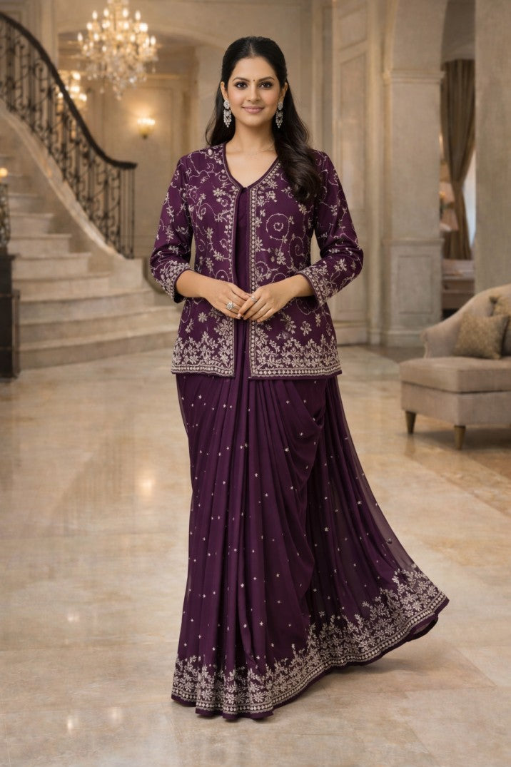 Coat Model Embroidered Full Thread Work Designer Saree – Modern Ethnic Wedding & Party Wear