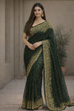 Green Embroidered Full Thread Work Designer Saree – Elegant Festive & Wedding Wear