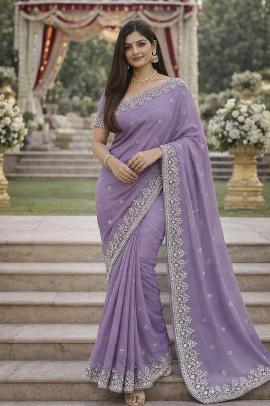 Classy Lavender Embroidered Full Thread Work Designer Saree – Elegant Wedding & Festive Wear
