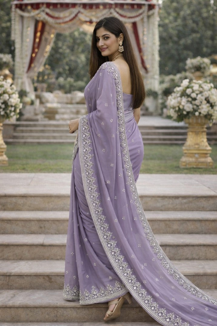 Classy Lavender Embroidered Full Thread Work Designer Saree – Elegant Wedding & Festive Wear
