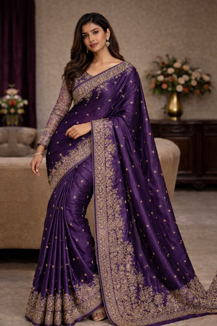 Purple Embroidered Full Work Designer Saree – Luxury Wedding & Festive Wear
