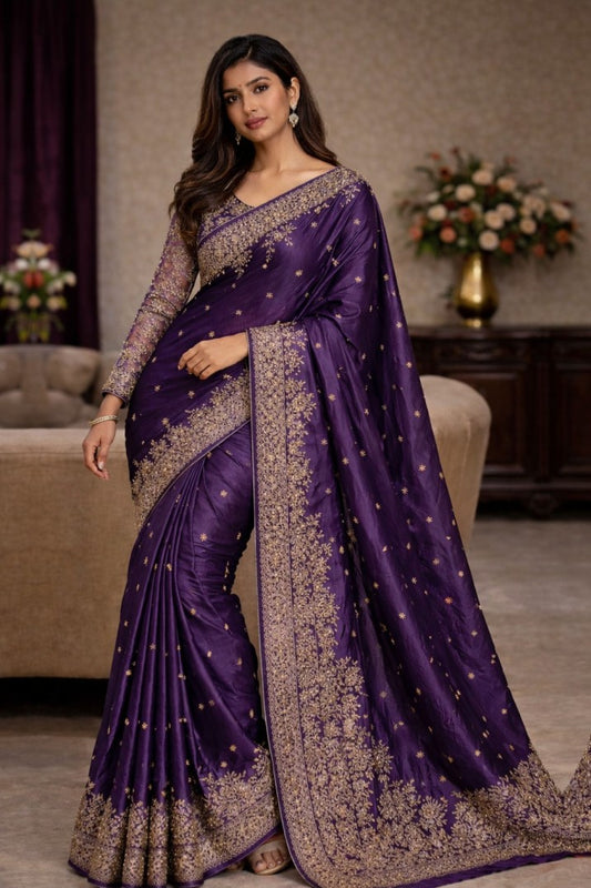 Purple Embroidered Full Work Designer Saree – Luxury Wedding & Festive Wear
