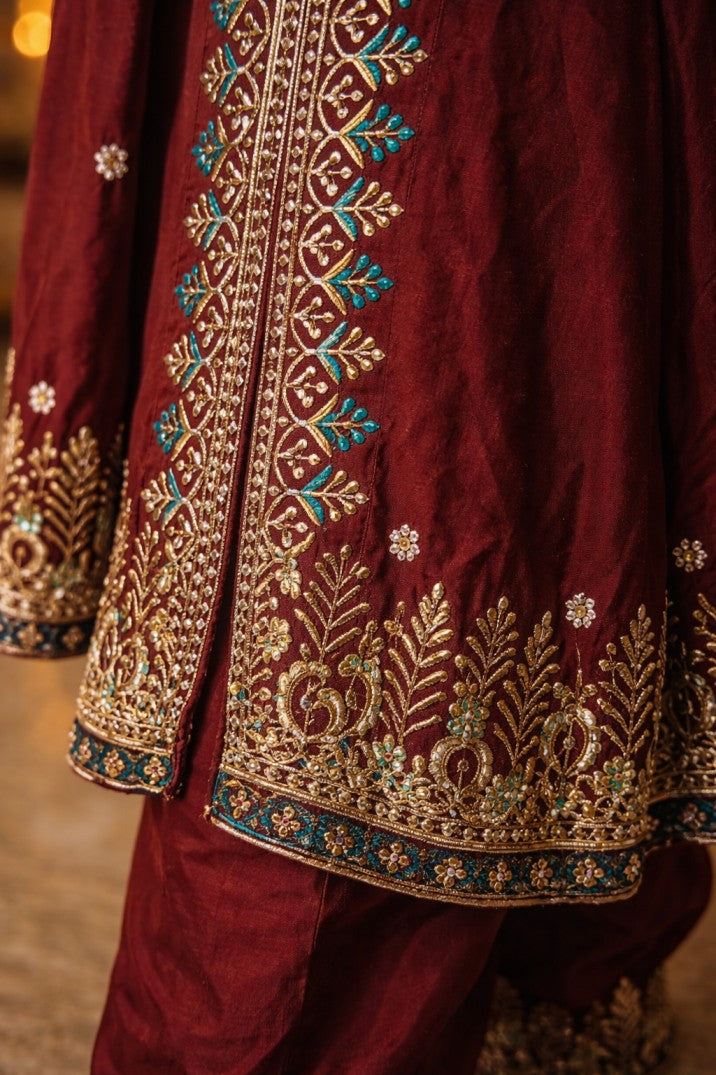 Maroon Embellished Silk Anarkali Kurta With Dupatta