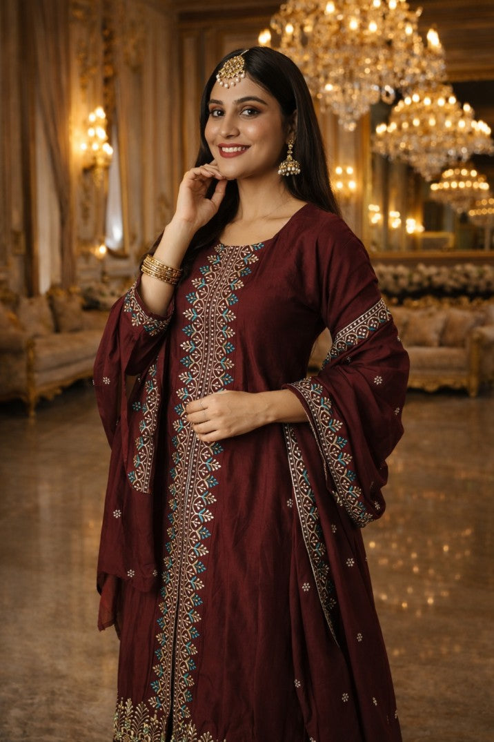 Maroon Embellished Silk Anarkali Kurta With Dupatta