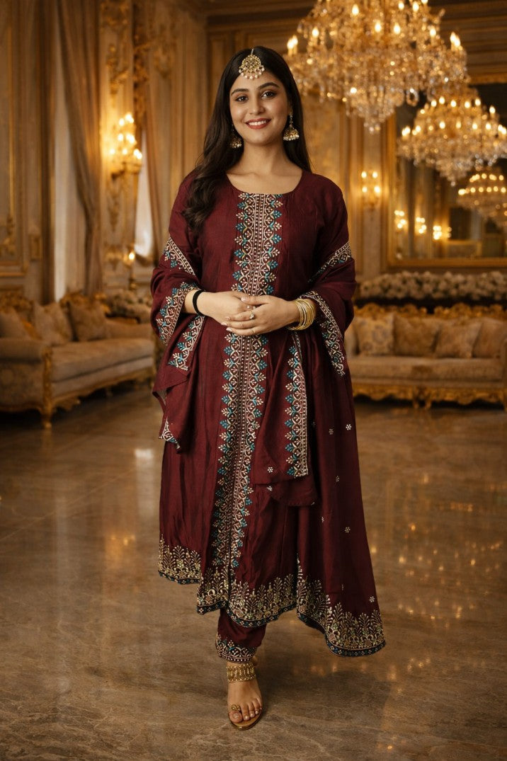 Maroon Embellished Silk Anarkali Kurta With Dupatta